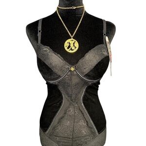 Daisy Fuentes velvet corset bodysuit black gold lace mesh size S Y2K lingerie